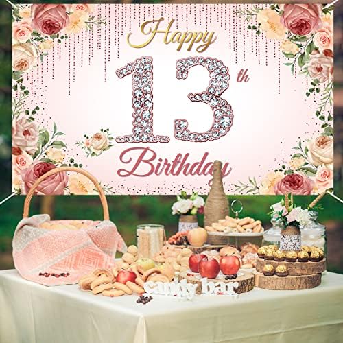 HTDZZI 13 Szülinapi Dekoráció, Rose Gold Boldog 13-ik Születésnapja Hátteret, Banner, Lányok, Rózsaszín Virágos 13 Éves